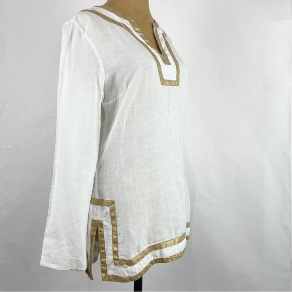 MICHAEL KORS COLLECTION White 100% Linen Tunic with Gold Metallic Trim Size 2 - Picture 6 of 10